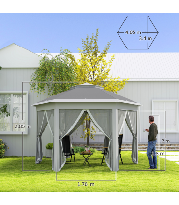 Outsunny 3x4m Hexagon Gazebo w/ Mesh Curtains Outdoor Garden, Dark Grey