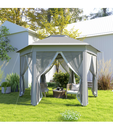 Outsunny 3x4m Hexagon Gazebo w/ Mesh Curtains Outdoor Garden, Dark Grey