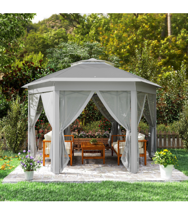 Outsunny 3x4m Hexagon Gazebo w/ Mesh Curtains Outdoor Garden, Dark Grey