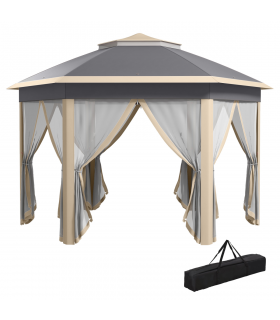 Outsunny 3x4m Hexagon Gazebo w/ Metal Frame Mesh Curtains Outdoor Garden, Khaki