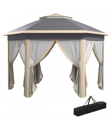 Outsunny 3x4m Hexagon Gazebo w/ Metal Frame Mesh Curtains Outdoor Garden, Khaki