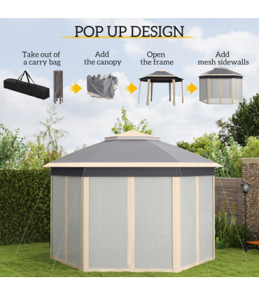 Outsunny 3x4m Hexagon Gazebo w/ Metal Frame Mesh Curtains Outdoor Garden, Khaki