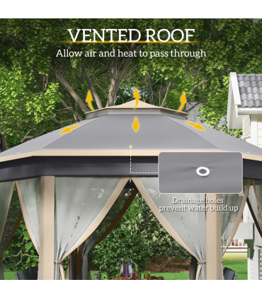 Outsunny 3x4m Hexagon Gazebo w/ Metal Frame Mesh Curtains Outdoor Garden, Khaki