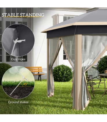 Outsunny 3x4m Hexagon Gazebo w/ Metal Frame Mesh Curtains Outdoor Garden, Khaki