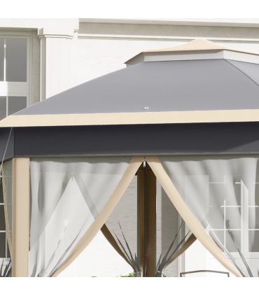 Outsunny 3x4m Hexagon Gazebo w/ Metal Frame Mesh Curtains Outdoor Garden, Khaki