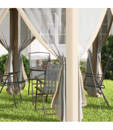 Outsunny 3x4m Hexagon Gazebo w/ Metal Frame Mesh Curtains Outdoor Garden, Khaki