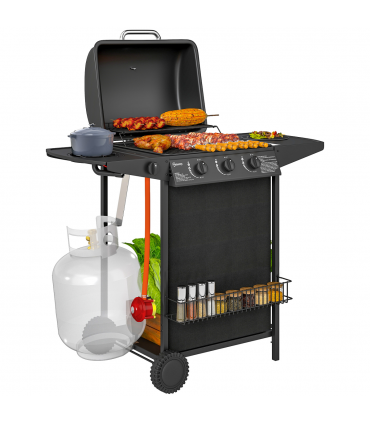 Outsunny 4 Burner Gas Barbecue Grill Portable Gas BBQ Grill with Lid, Black