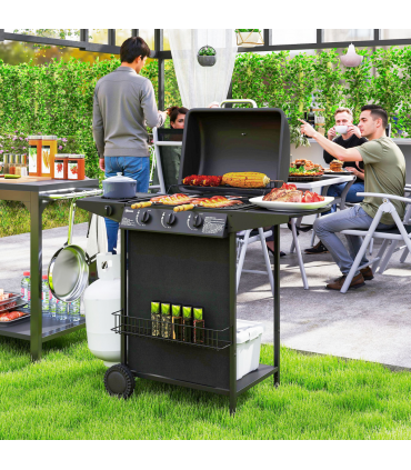 Outsunny 4 Burner Gas Barbecue Grill Portable Gas BBQ Grill with Lid, Black