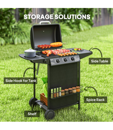 Outsunny 4 Burner Gas Barbecue Grill Portable Gas BBQ Grill with Lid, Black