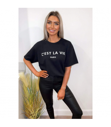 Ladies Oversized C'est La Vie Paris Simple Fashion Classic Retro Short Sleeves T Shirt Top