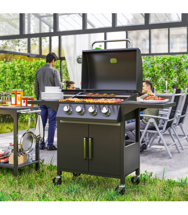 Outsunny 4 Burner Gas Grill Portable BBQ Trolley w/ 4 Wheels and Side Shelves