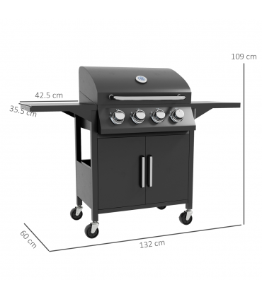 Outsunny 4 Burner Gas Grill Portable BBQ Trolley w/ 4 Wheels and Side Shelves