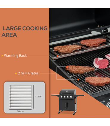 Outsunny 4 Burner Gas Grill Portable BBQ Trolley w/ 4 Wheels and Side Shelves