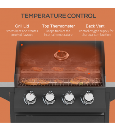 Outsunny 4 Burner Gas Grill Portable BBQ Trolley w/ 4 Wheels and Side Shelves