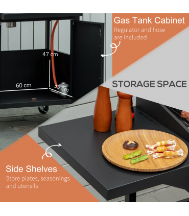 Outsunny 4 Burner Gas Grill Portable BBQ Trolley w/ 4 Wheels and Side Shelves