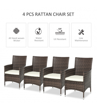 Outsunny 4 PC Outdoor Rattan Armchair Wicker Dining Chair Set for Garden Brown
