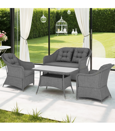 Outsunny 4 PCS Rattan Garden Furniture, Padded Cushions Conversation Sofa Set