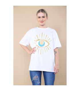 Ladies Oversized Sequin Eye Printed Short Sleeves T Shirt Top