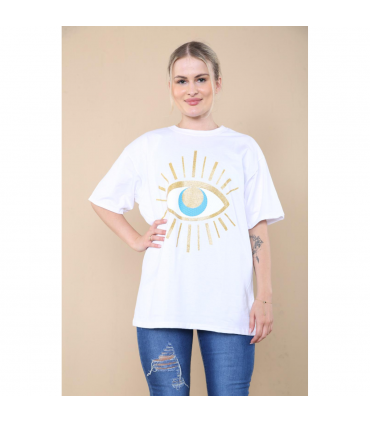 Ladies Oversized Sequin Eye Printed Short Sleeves T Shirt Top