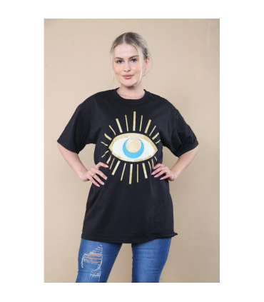 Ladies Oversized Sequin Eye Printed Short Sleeves T Shirt Top