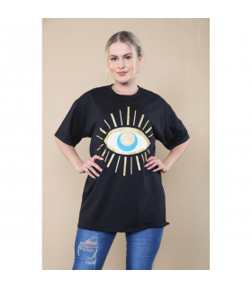 Ladies Oversized Sequin Eye Printed Short Sleeves T Shirt Top