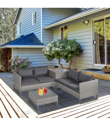 Outsunny 4 PCs Rattan Wicker Sofa Set Conservatory Furniture w/ Side Storage Box