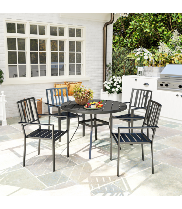 Outsunny 4 PCs Stackable Outdoor Garden Chairs with Metal Slatted Design, Black