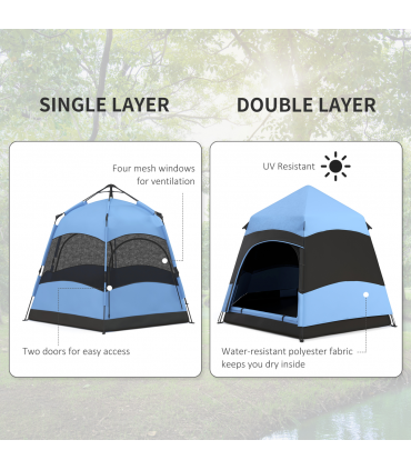 Outsunny 4 Person Pop Up Tent Camping Festival Hiking Shelter Family Blue&Black