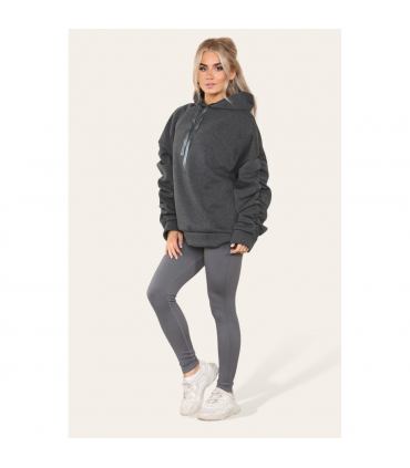 Stylish Plus Size Ruched Sleeve Hoodie with Satin Ribbon - Comfortable & Warm