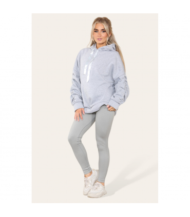 Stylish Plus Size Ruched Sleeve Hoodie with Satin Ribbon - Comfortable & Warm