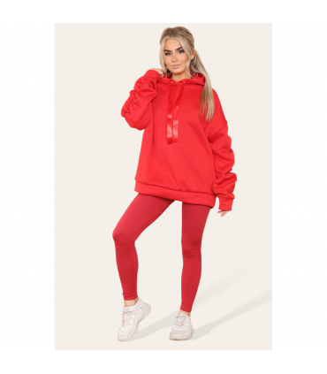 Stylish Plus Size Ruched Sleeve Hoodie with Satin Ribbon - Comfortable & Warm