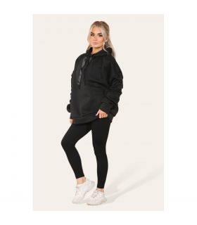 Stylish Plus Size Ruched Sleeve Hoodie with Satin Ribbon - Comfortable & Warm
