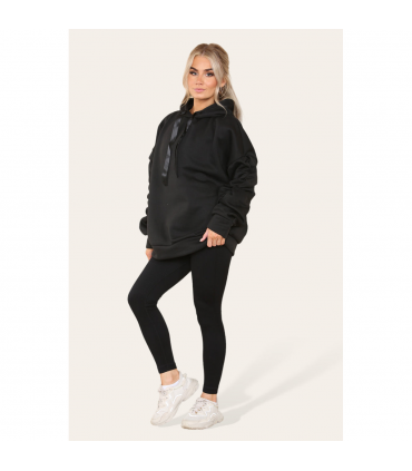 Stylish Plus Size Ruched Sleeve Hoodie with Satin Ribbon - Comfortable & Warm