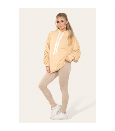 Stylish Plus Size Ruched Sleeve Hoodie with Satin Ribbon - Comfortable & Warm