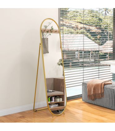 HOMCOM Oval Full Length Mirror with Metal Frame Hanging or Leaning Gold Tone