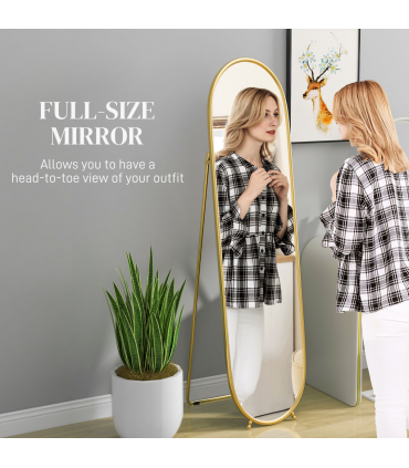 HOMCOM Oval Full Length Mirror with Metal Frame Hanging or Leaning Gold Tone