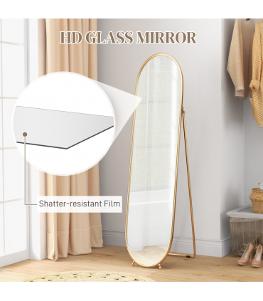 HOMCOM Oval Full Length Mirror with Metal Frame Hanging or Leaning Gold Tone
