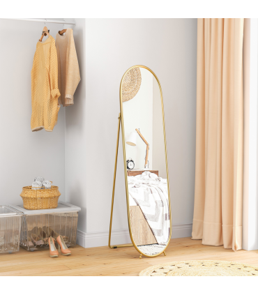 HOMCOM Oval Full Length Mirror with Metal Frame Hanging or Leaning Gold Tone