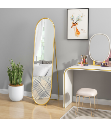 HOMCOM Oval Full Length Mirror with Metal Frame Hanging or Leaning Gold Tone