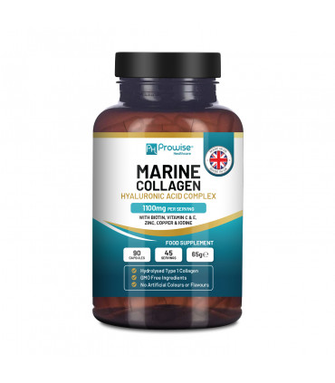 Marine Collagen with Hyaluronic Acid Complex 1100mg  90 Capsules I For Women and Men I Made in UK by Prowise