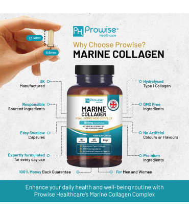 Marine Collagen with Hyaluronic Acid Complex 1100mg  90 Capsules I For Women and Men I Made in UK by Prowise