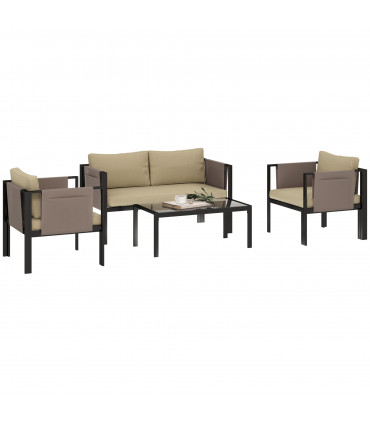 Outsunny 4 Piece Garden Sofa Set w/ Tempered Glass Coffee Table Khaki