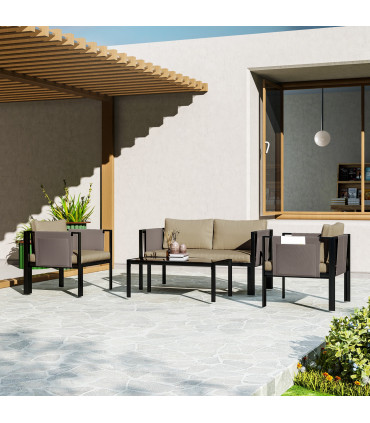 Outsunny 4 Piece Garden Sofa Set w/ Tempered Glass Coffee Table Khaki