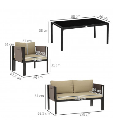 Outsunny 4 Piece Garden Sofa Set w/ Tempered Glass Coffee Table Khaki