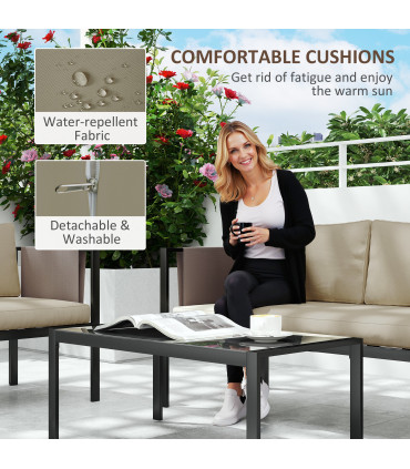 Outsunny 4 Piece Garden Sofa Set w/ Tempered Glass Coffee Table Khaki