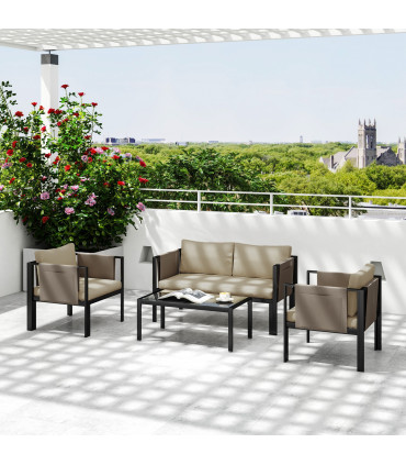 Outsunny 4 Piece Garden Sofa Set w/ Tempered Glass Coffee Table Khaki