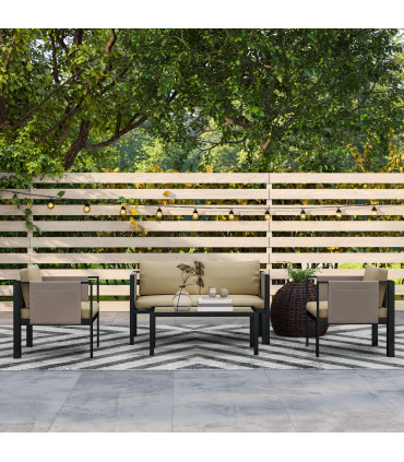 Outsunny 4 Piece Garden Sofa Set w/ Tempered Glass Coffee Table Khaki