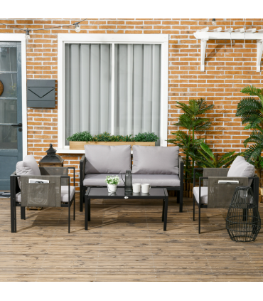 Outsunny 4 Piece Garden Sofa Set w/ Tempered Glass Coffee Table Padded Cushions