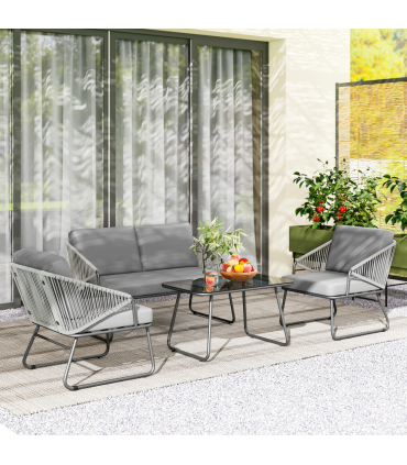 Outsunny 4 Piece Rattan Garden Furniture Set with Cushions, Grey