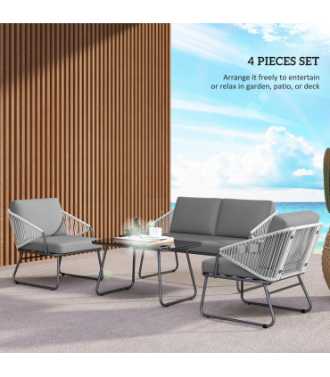 Outsunny 4 Piece Rattan Garden Furniture Set with Cushions, Grey